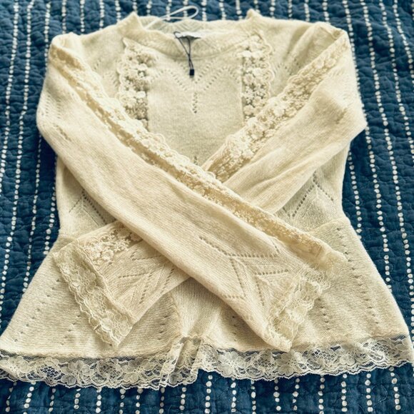 Zara Ivory Lace NWOT Knitted Sweater Long Sleeve Bohemian Size M - Picture 3 of 9